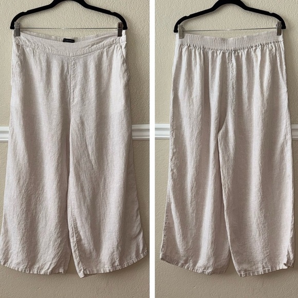 100% Linen Wide Leg Cropped Pull On Pants Neutral Cream Beachy Coastal Large - Picture 1 of 10